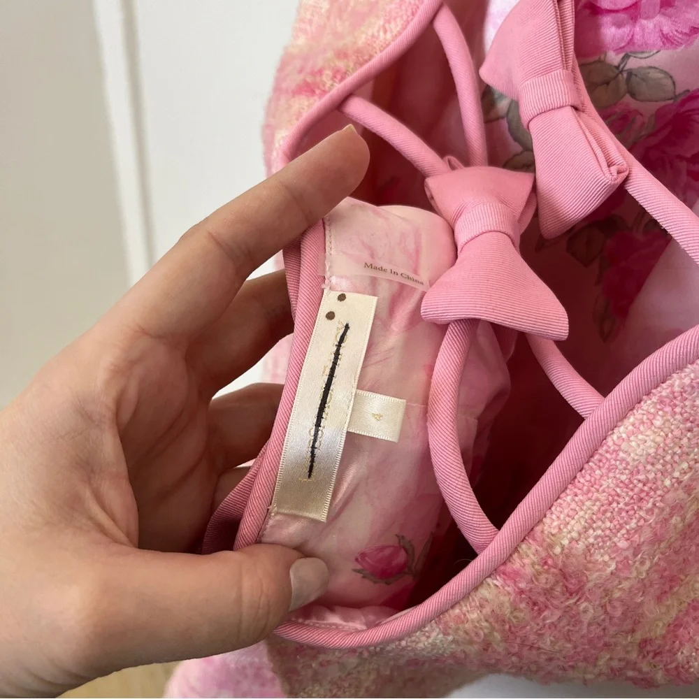 LoveShackFancy Gandler Tweed Bow Detail Pastel Peony Pink Mini Dress Size 4 - Picture 5 of 8